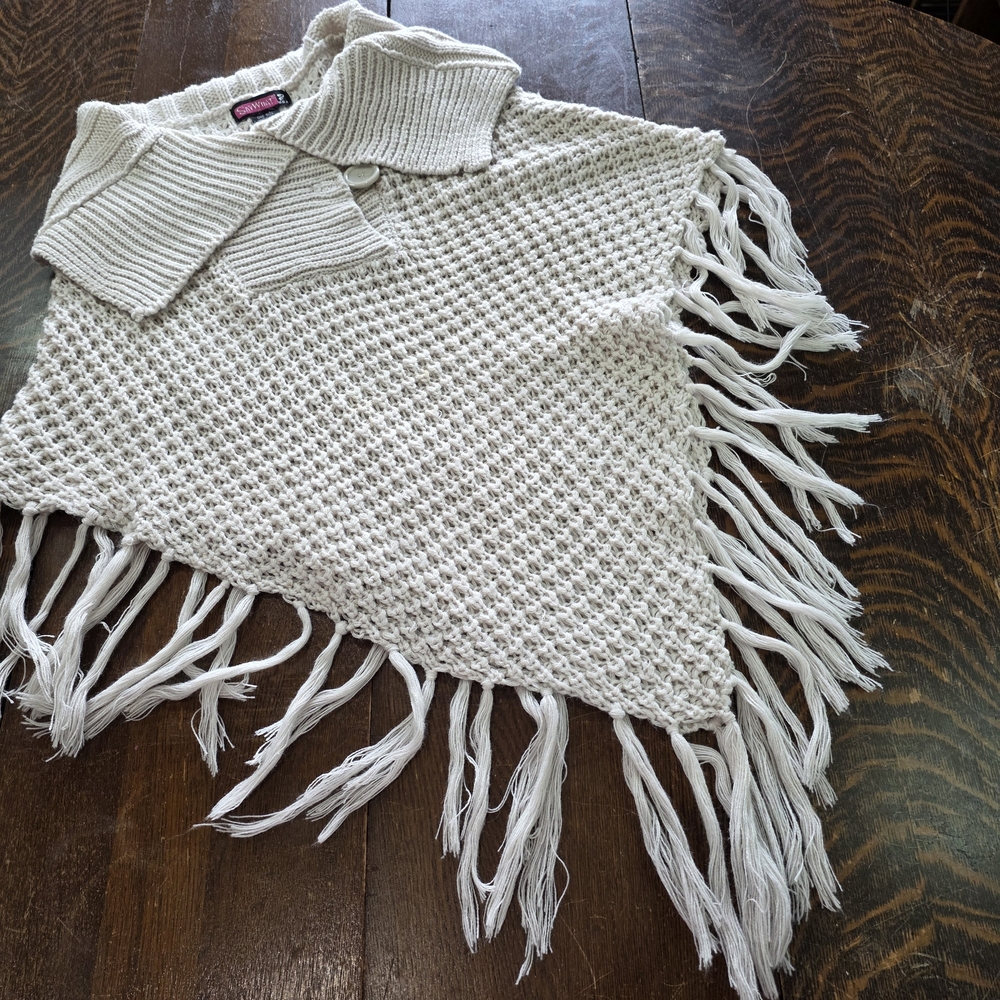 Say What? Ivory Textured Knit Fringe Poncho Sweater OS